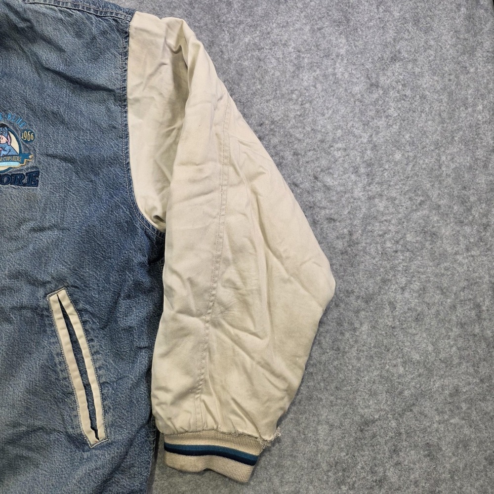 Vintage Disney Store Jacket Mens Large Blue Denim Eeyore Hooded Varsity DISTRESS - Picture 7 of 16